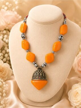 Handcrafted Orange Statement Bead Necklace - Bold Tribal Pendant